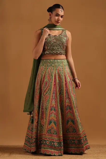 Green Brocade Embellished Lehenga With Machine Embroidery and Sequin Details